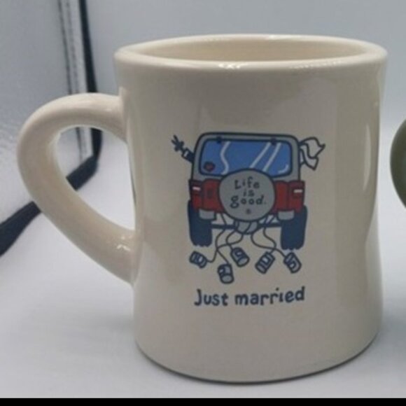 Life Is Good Other - Life Is Good Home Diner Mug Just Married Jeep Bride & Groom White EUC